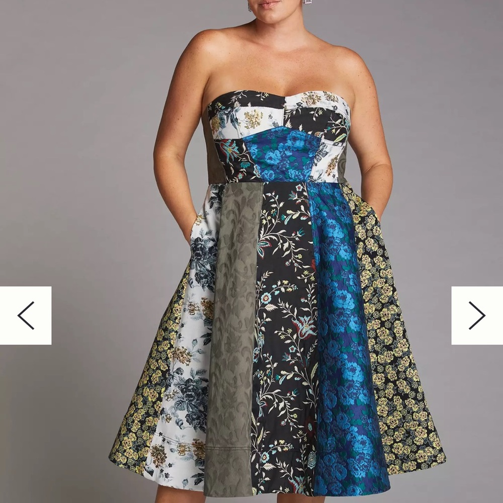 Patchwork Strapless Floral A-Line Dress in Blue and Black - Picture 4 of 8